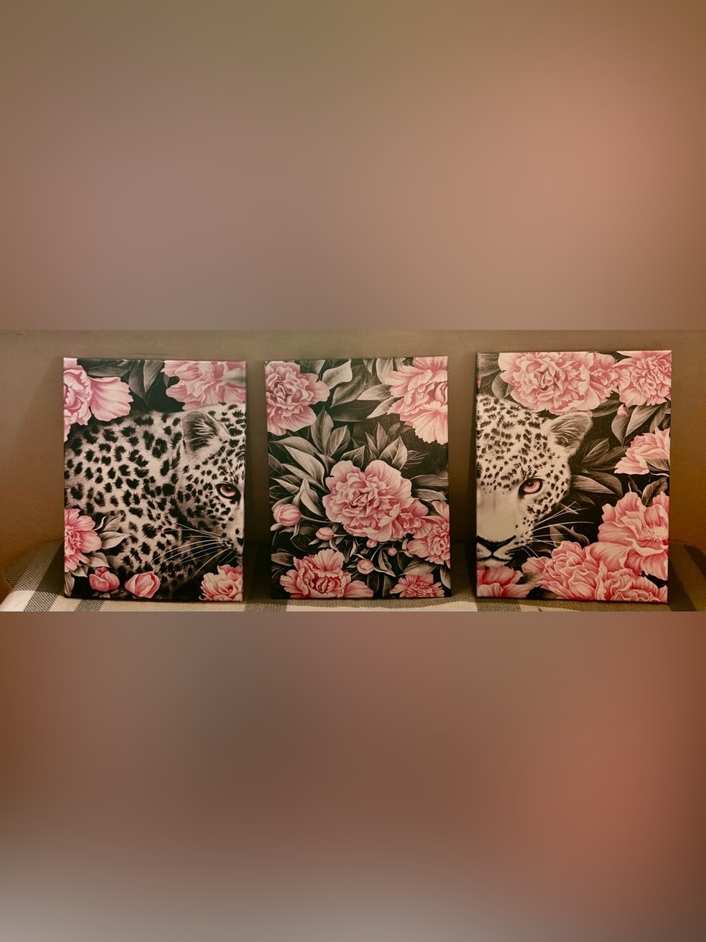 Pink Floral Leopard Triptych Wall Art
